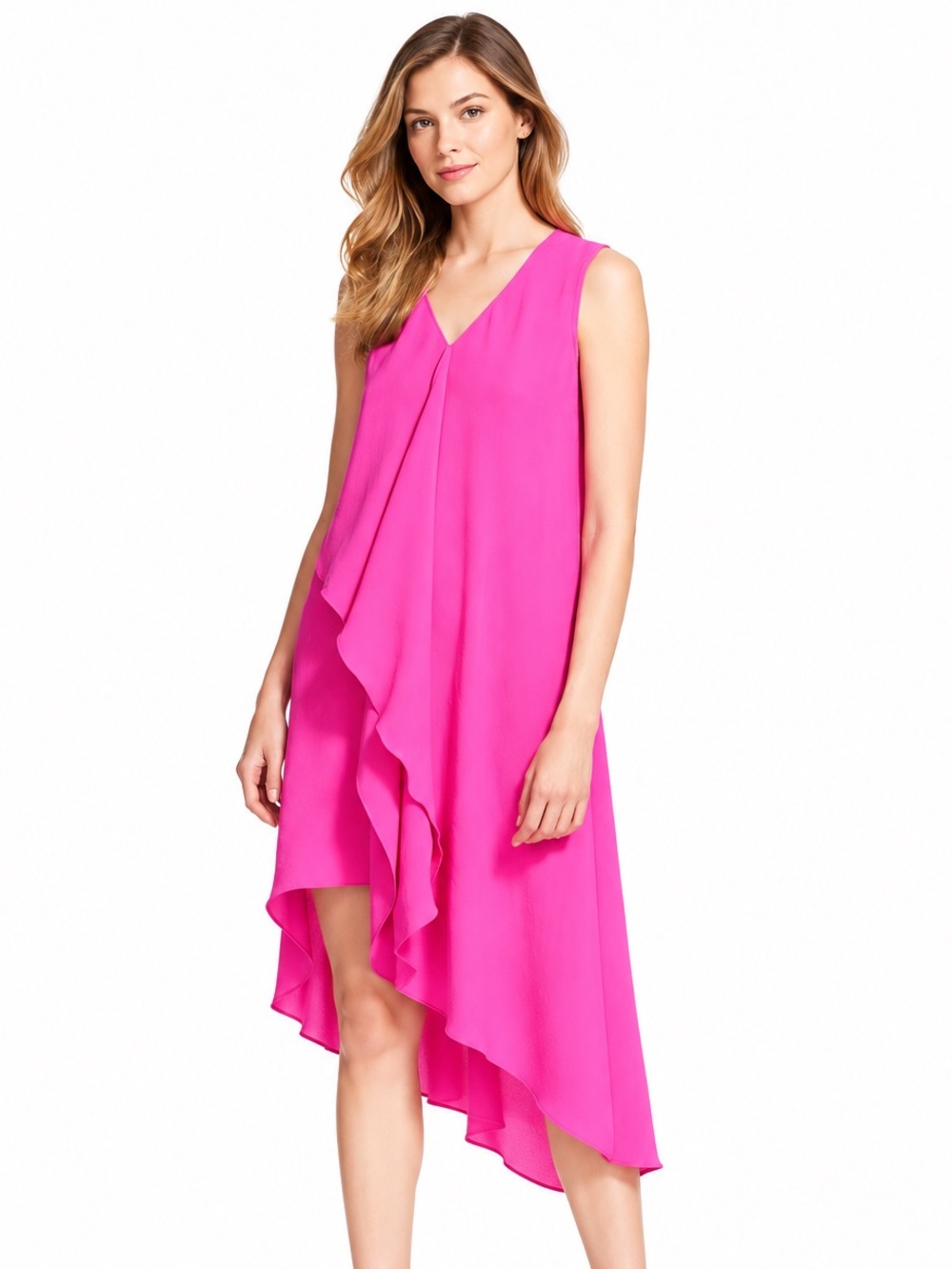 Adrianna Papell Pink Sleeveless V-Neck Asymmetrical Dress Barbiecore Size 4